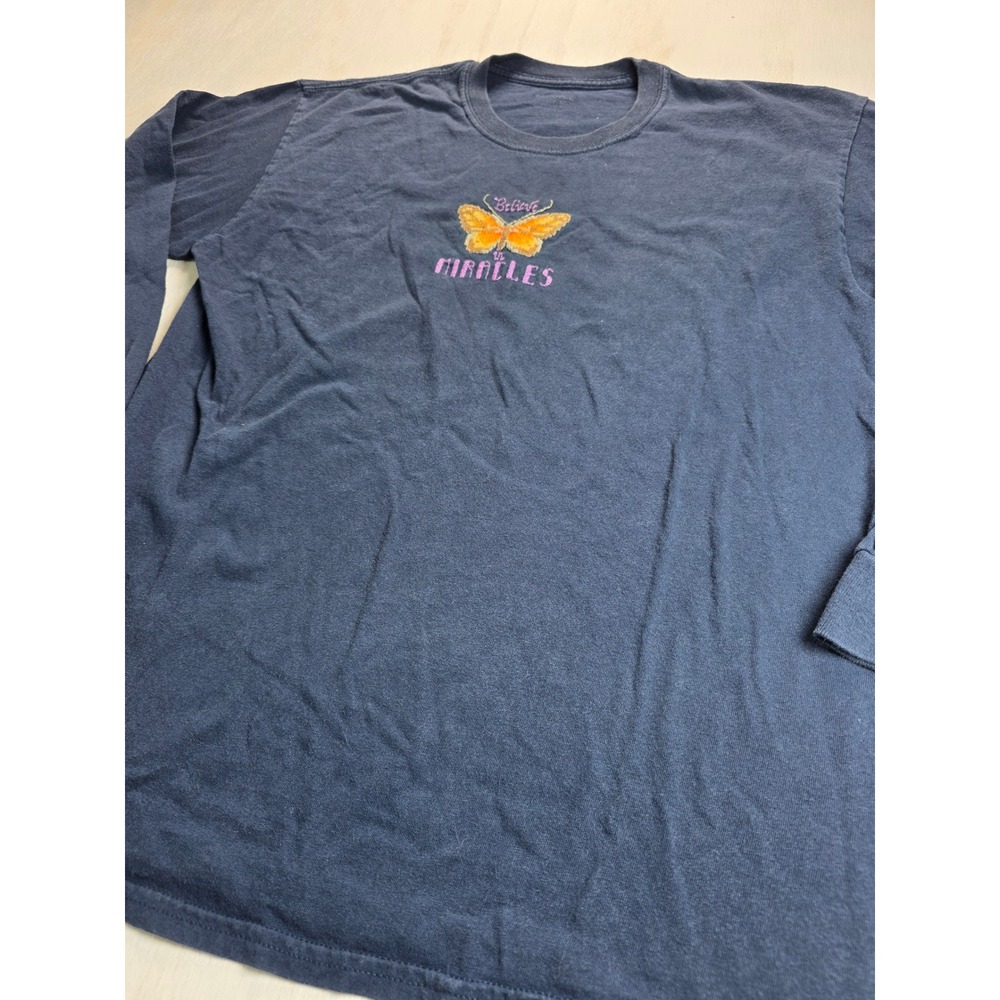 Believe in Miracles Butterfly Graphic Long Sleeve Tee Navy Blue Y2K Boho L